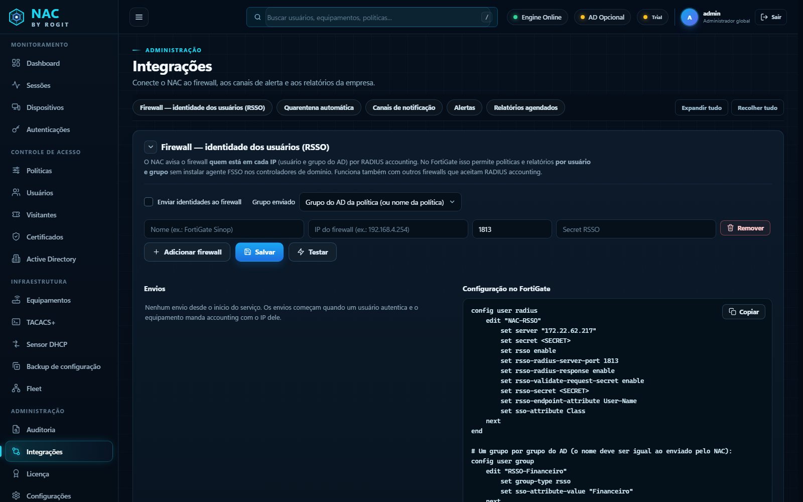 Painel do NAC by ROGIT: integração com o FortiGate e configuração pronta para copiar